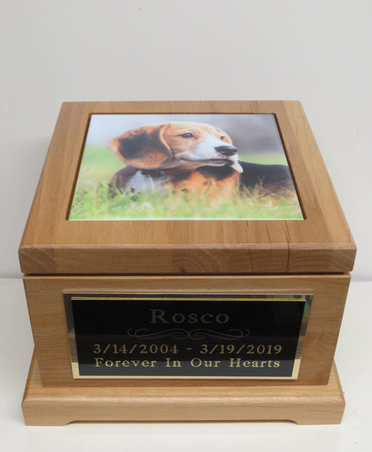 Pet Urn Dog Urn Pet Memorial Keepsake Box Cremation Urn Custom Photo Tile & Personalized Black Tag Red Alder Medium to Large Dog UpTo 60lb