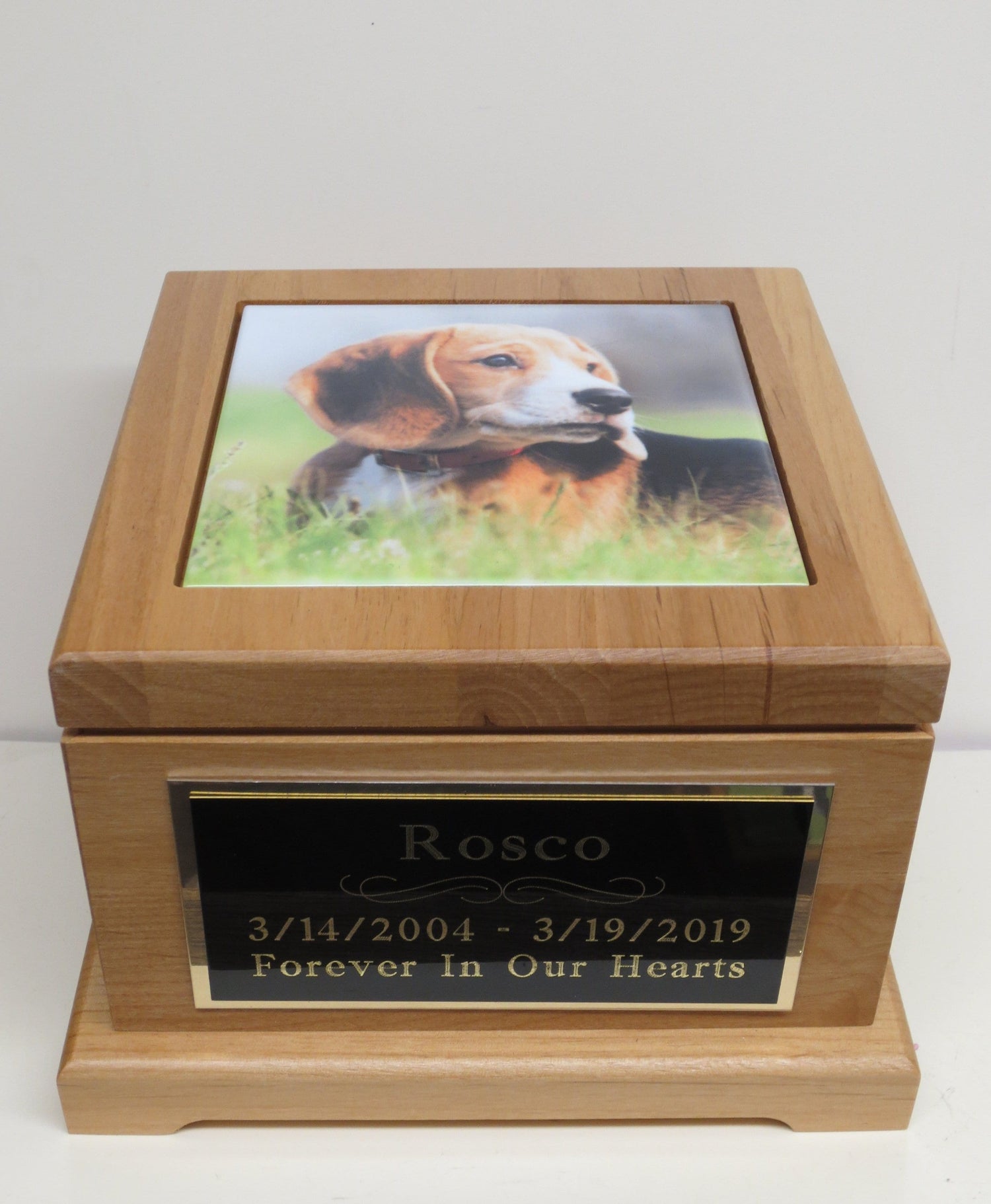 Dog Urn Pet Urn Pet Memorial Keepsake Box Medium Cremation Urn Custom Photo Tile & Personalized Tag Red Alder Medium to Large Dog UpTo 60lb