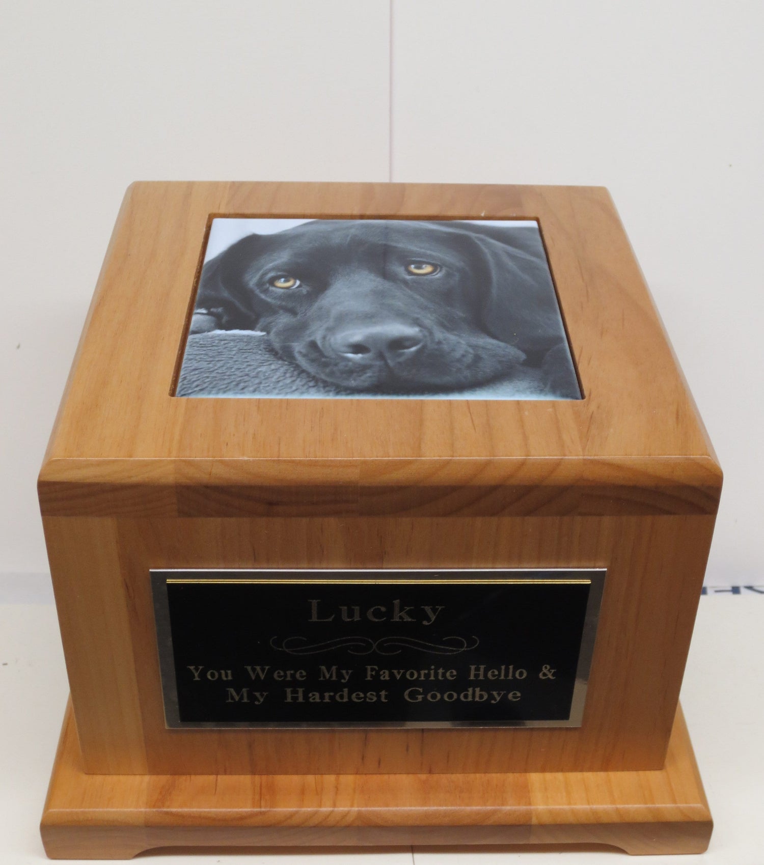 Large Dog Urn Pet Urn Pet Memorial Keepsake Cremation Urn Custom Photo Tile & Personalized Engraved Tag Beautiful Red Alder Up To 100lb