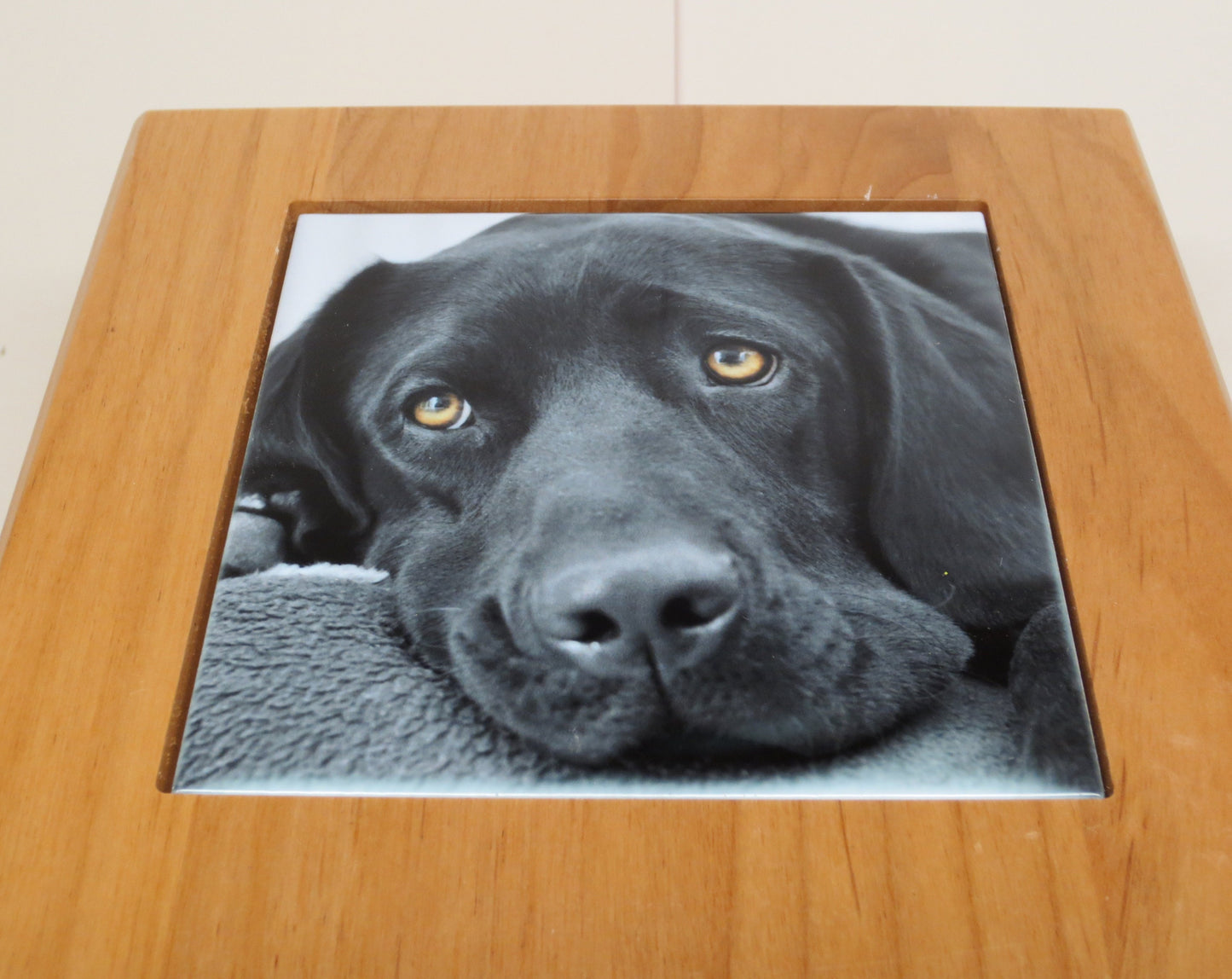 Custom Memorial Dog Urn Pet Urn Keepsake Cremation Urn Custom Photo Tile & Personalized Black Tag Beautiful Red Alder Large Dog Up To 100lb