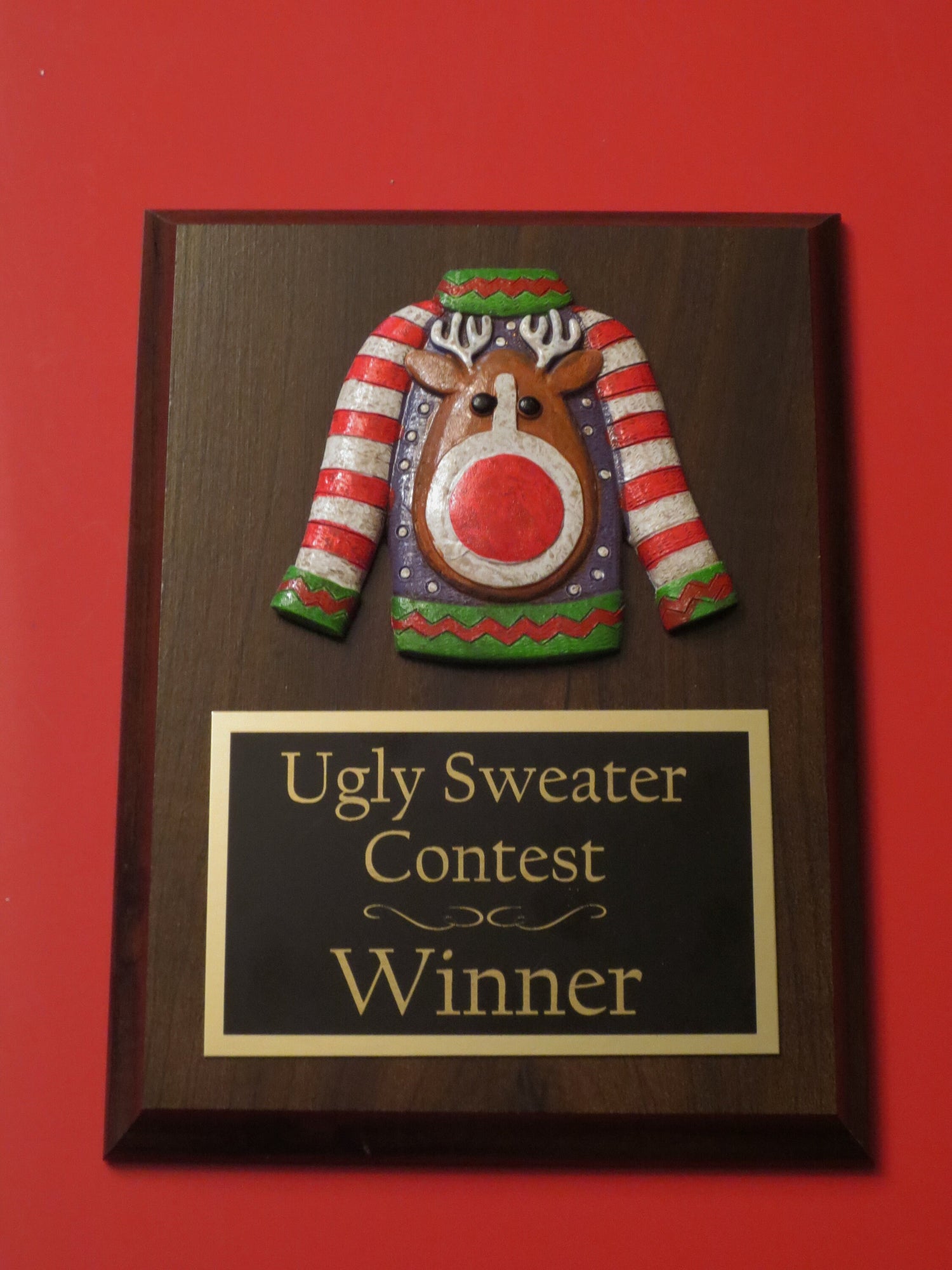 Ugliest Ugly Sweater Christmas Trophy Plaque Best Decorated Door Office House Gingerbread Bake Off Contest Winner Holiday Christmas Decor