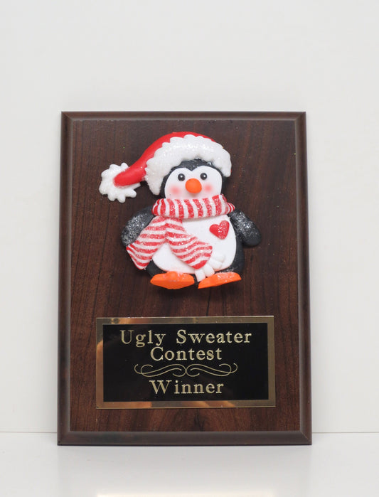 Ugliest Ugly Sweater Trophy Plaque Penguin Santa Best Decorated Door Office House Gingerbread Cookie Bake Off Winner Holiday Christmas Decor