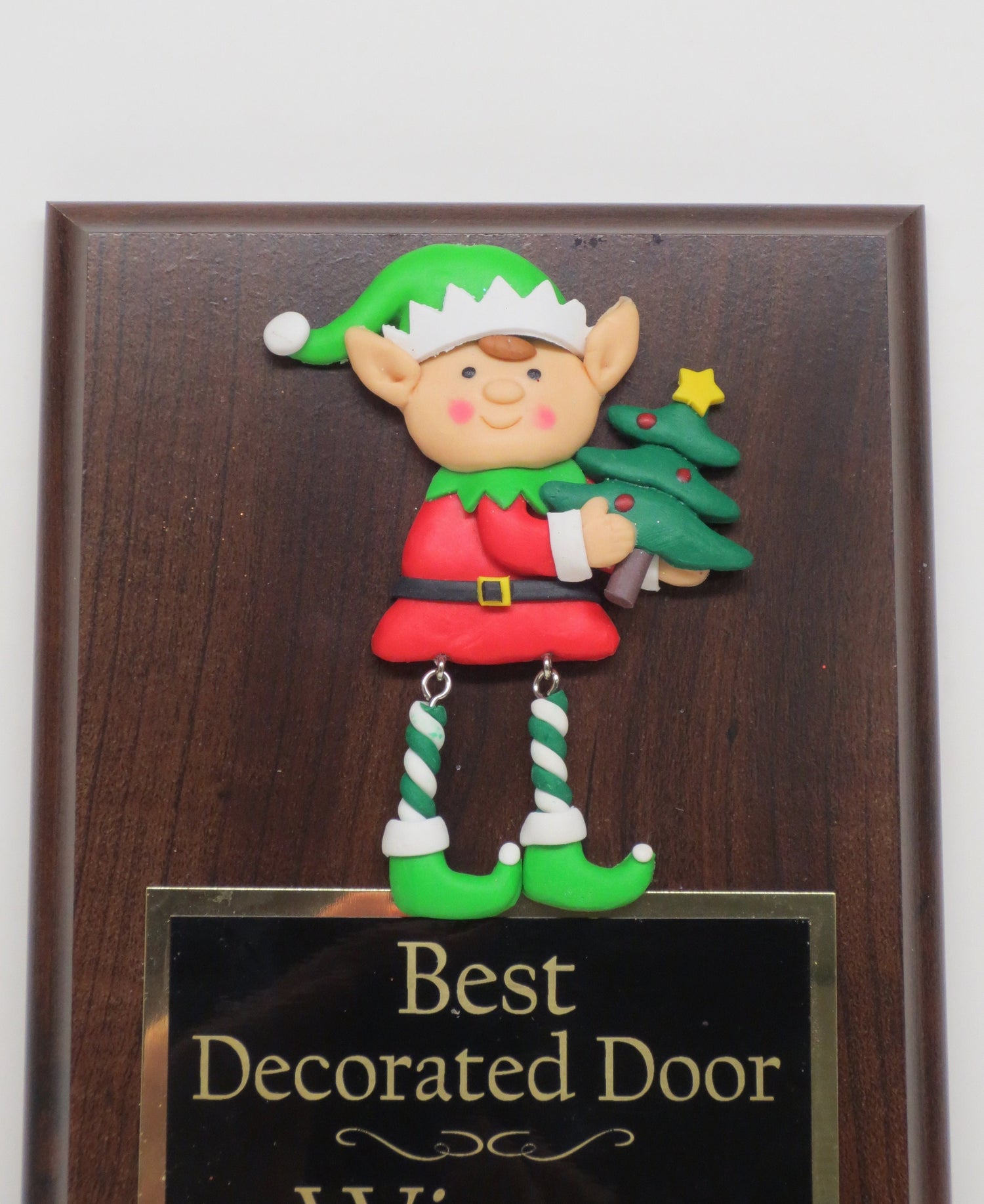 Ugliest Ugly Sweater Trophy Plaque Elf Dangle Legs Best Decorated Door Office House Gingerbread Cookie Bake Off Holiday Christmas Decor