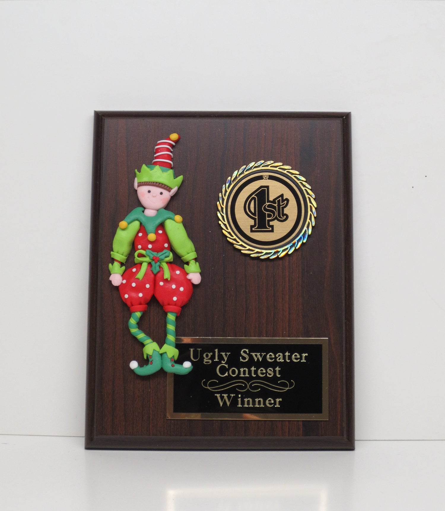Ugliest Ugly Sweater Trophy Plaque Elf Best Decorated Door Office House Gingerbread Cookie Bake Off Contest Holiday Christmas Decor