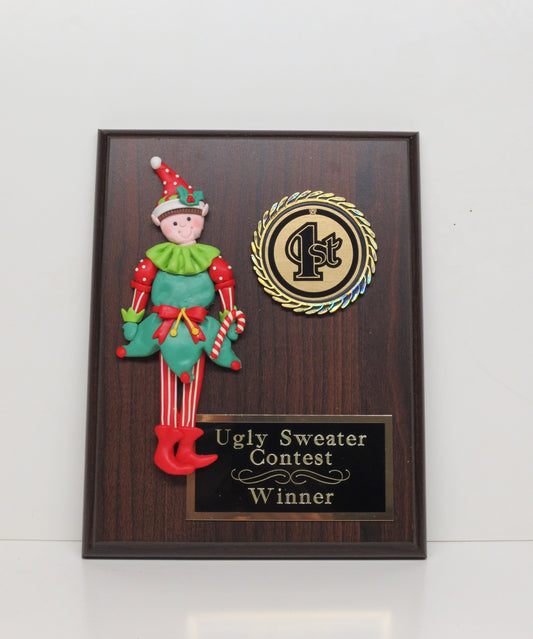 Ugliest Ugly Sweater Trophy Plaque Elf Best Decorated Door Office House Gingerbread Cookie Bake Off Contest Holiday Christmas Decor
