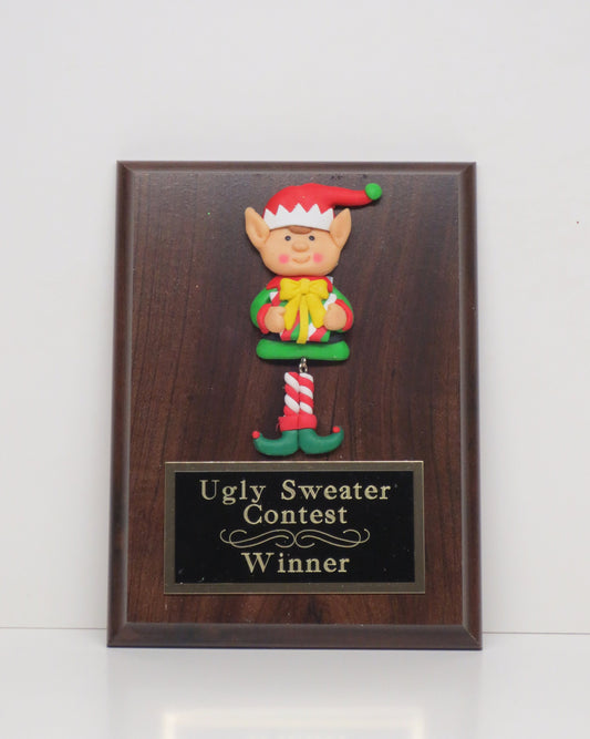 Ugliest Ugly Sweater Trophy Plaque Elf Dangle Legs Best Decorated Door Office House Gingerbread Cookie Bake Off Holiday Christmas Decor