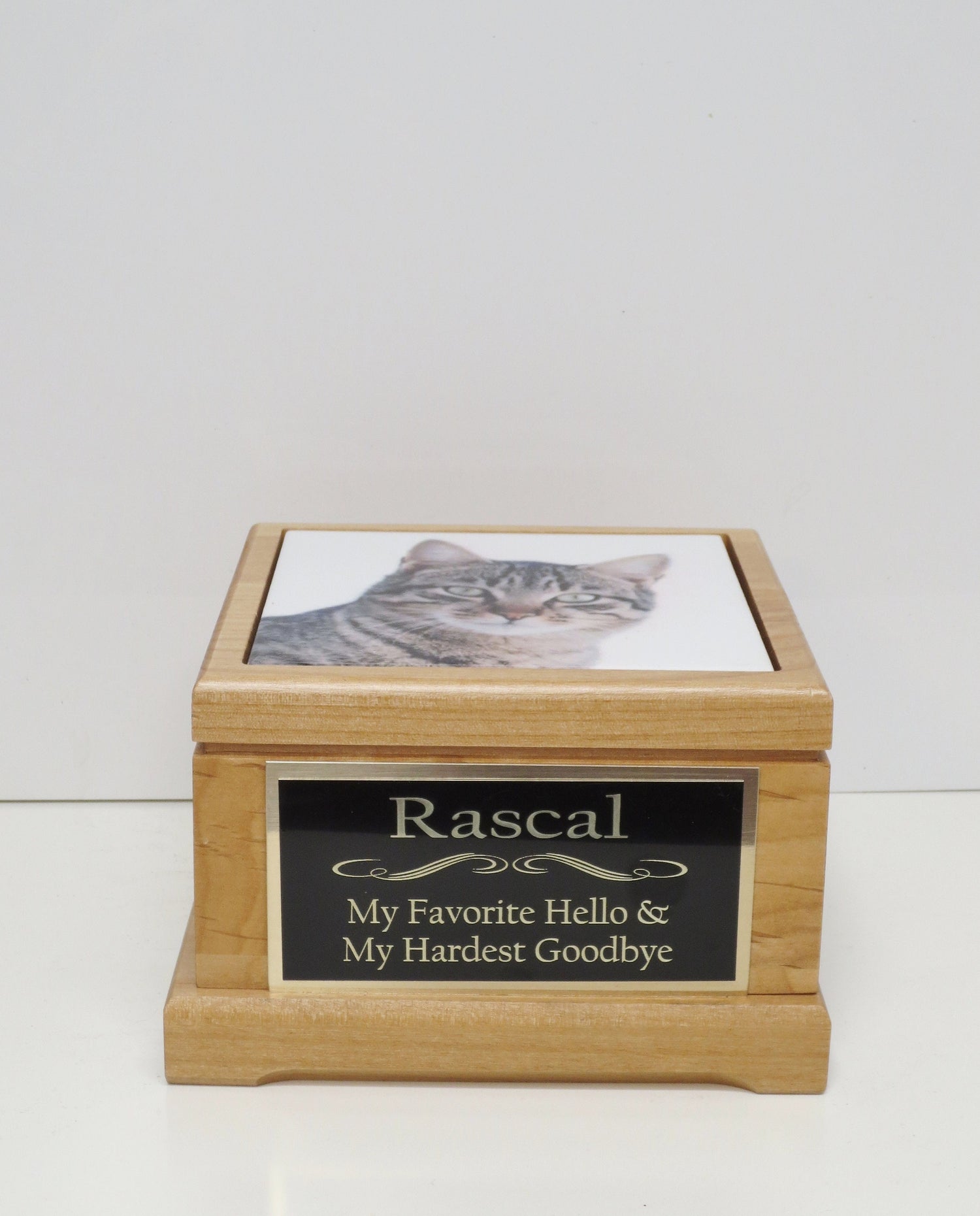 Cat Urn Pet Urn Pet Memorial Keepsake Box Cremation Urn Kitty or Small Animal Custom Photo Tile & Personalized Brass Tag Dog Urn Red Alder