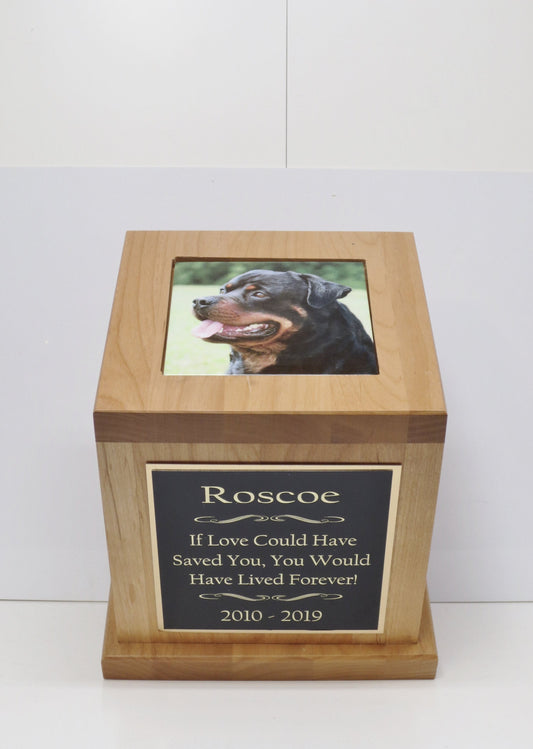 XL Dog Urn Pet Urn Memorial Keepsake Cremation Urn Great Dane Custom Photo Tile & Personalized Tag Red Alder Wood XL Extra Large 150 lb