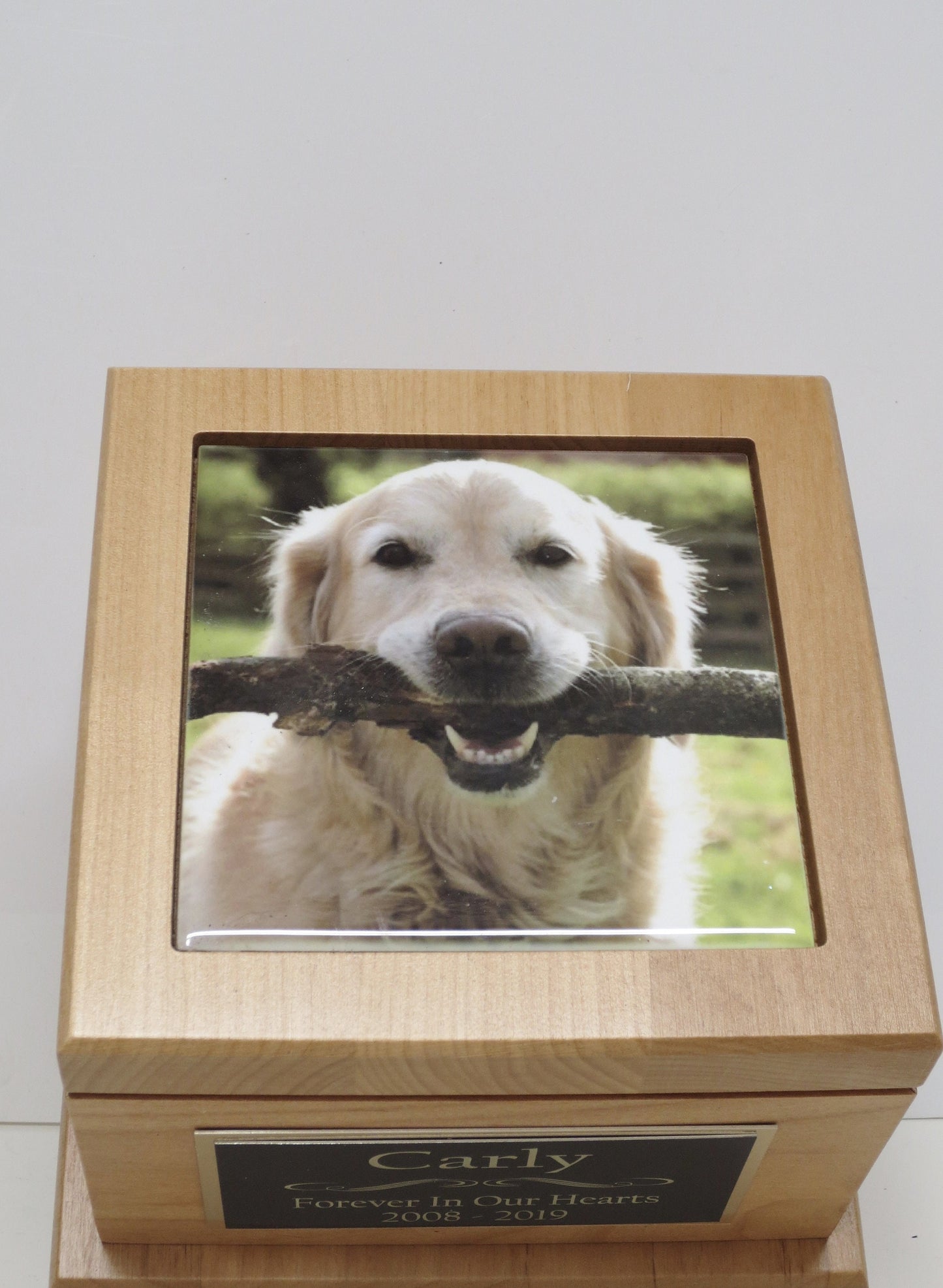 Dog Urn Pet Urn Memorial Keepsake Medium Cremation Urn Custom Photo Tile & Personalized Engraved Tag Red Alder Medium to Large Dog UpTo 60lb