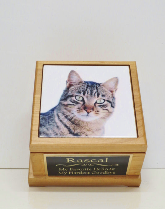 Custom Cat Memorial Urn Pet Urn Keepsake Cremation Urn Kitty Small Animal Custom Urn Photo Tile & Personalized Plate Red Alder Wood Urn