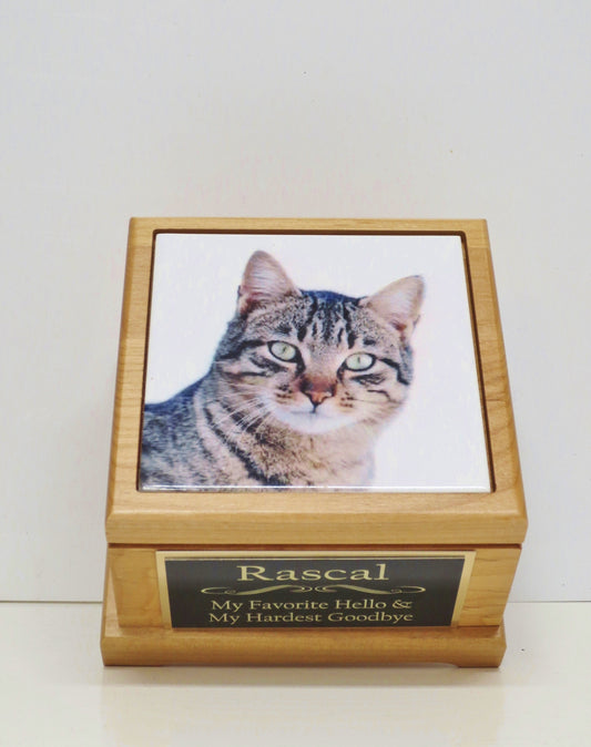 Cat Photo Urn Pet Urn Pet Memorial Keepsake Cremation Urn Kitty Small Animal Custom Urn Photo Tile & Personalized Custom Tag Wood Urn