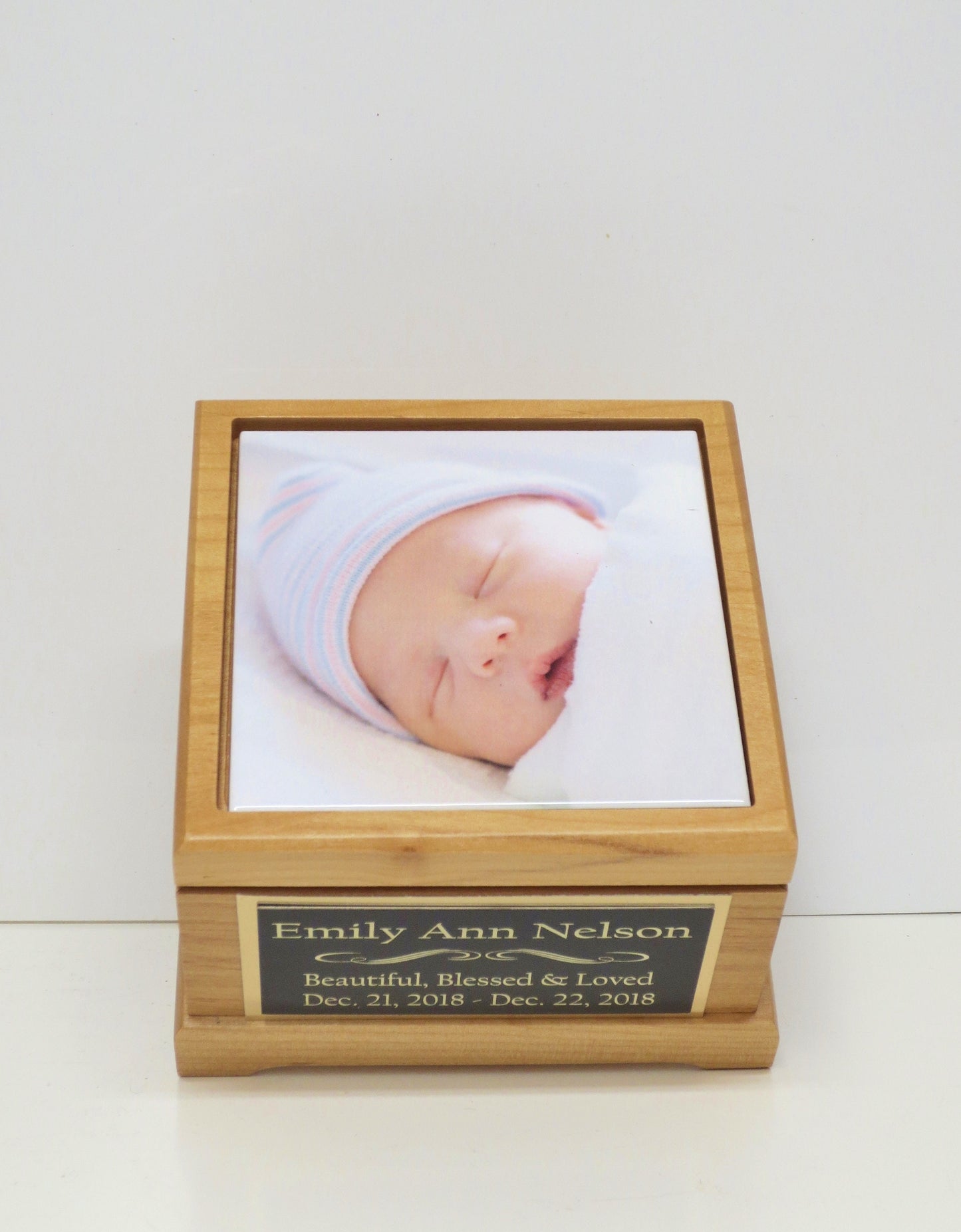 Infant Urn Baby Urn Child Urn Baby Cremation Memorial Human Custom Tile Photo & Personalized Engraved Tag Memorial Keepsake Red Alder 25 lbs