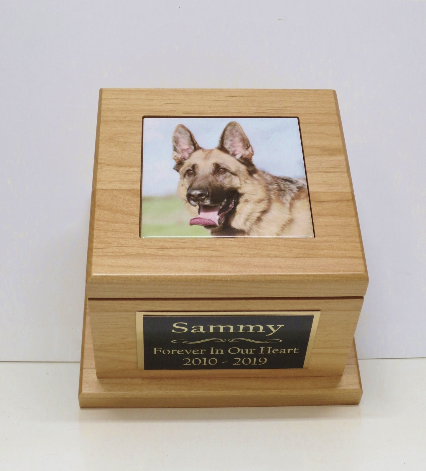 Pet Urn Dog Urn Pet Memorial Keepsake Cremation Urn Custom Photo Tile & Personalized Tag Beautiful Red Alder Wood Urn Large Dog Urn to 100lb