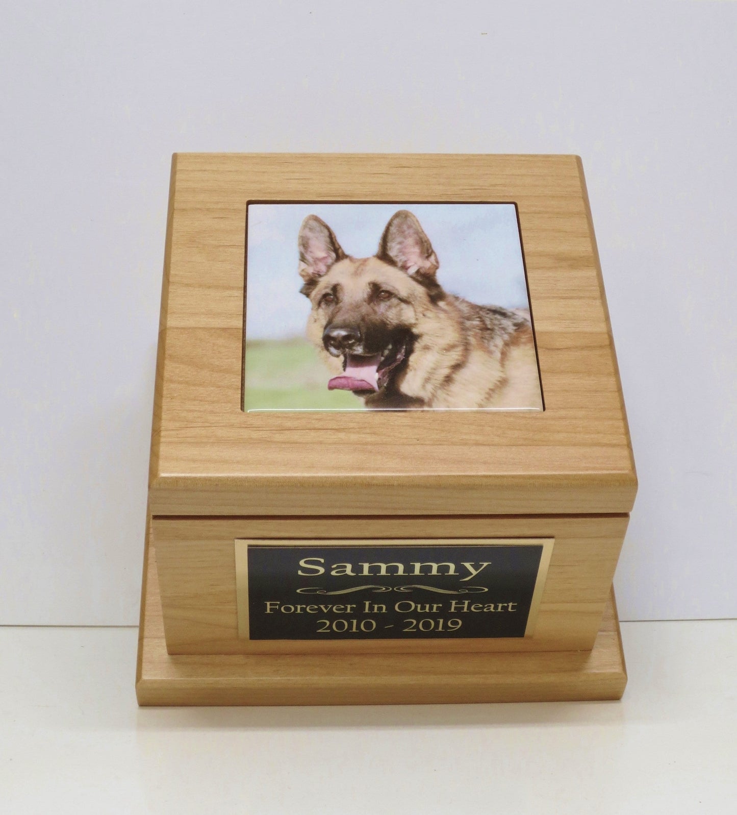 Dog Urn With Photo Pet Memorial Keepsake Cremation Urn Custom Photo Tile & Personalized Tag Red Alder Wood Urn Large Dog Urn to 100lb