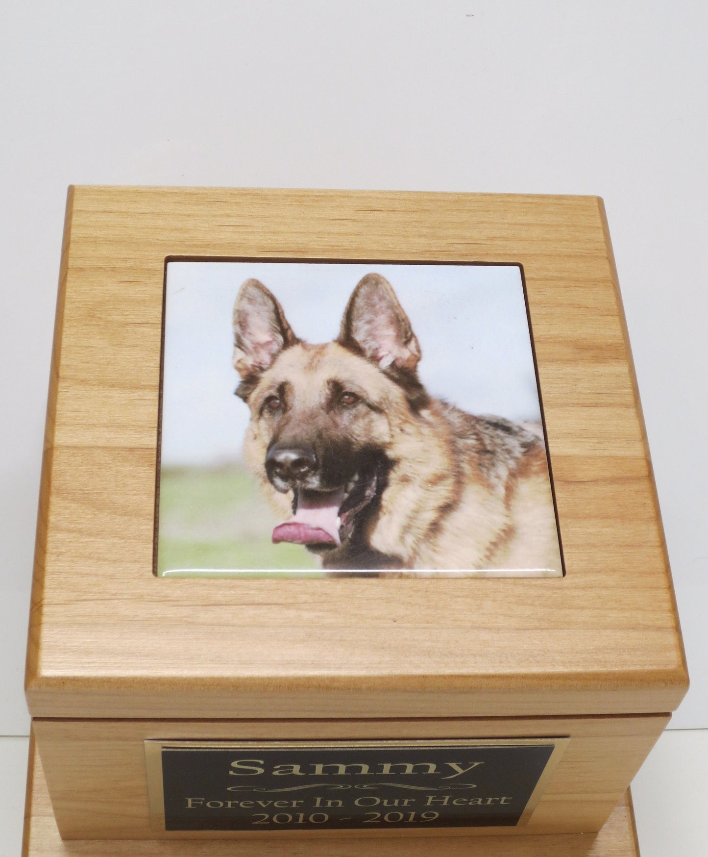 Custom Urn Dog Urn Pet Memorial Keepsake Cremation Urn Custom Photo Tile & Personalized Tag Beautiful Red Alder Wood Urn Large Dog Urn 100lb