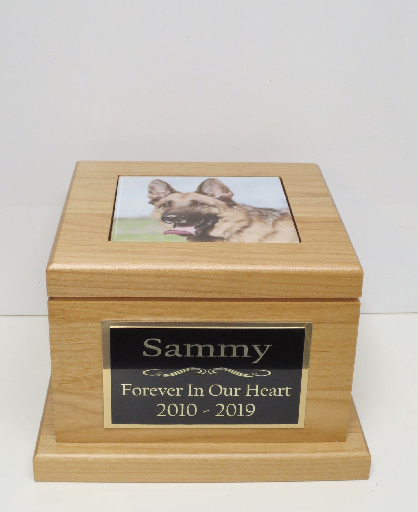 Custom Urn Dog Urn Pet Memorial Keepsake Cremation Urn Custom Photo Tile & Personalized Tag Beautiful Red Alder Wood Urn Large Dog Urn 100lb