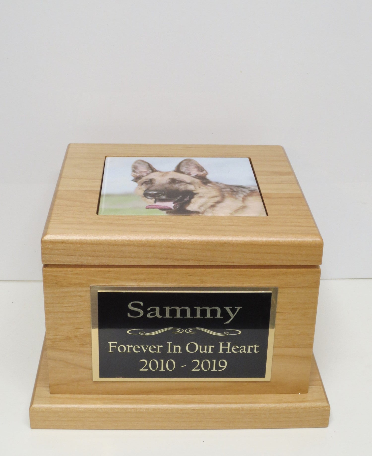 Dog Urn With Photo Pet Memorial Keepsake Cremation Urn Custom Photo Tile & Personalized Tag Red Alder Wood Urn Large Dog Urn to 100lb