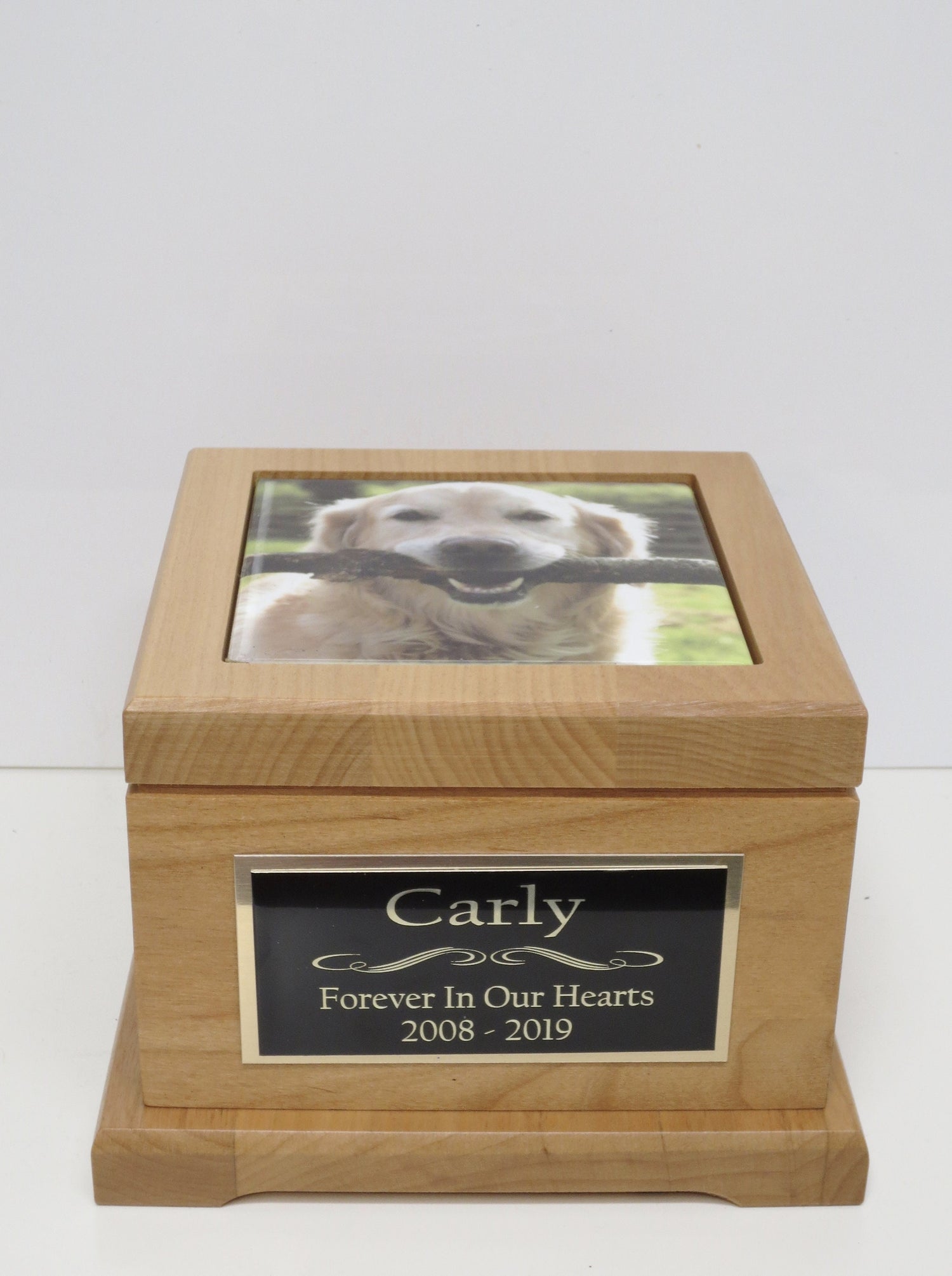 Dog Urn Pet Urn Memorial Keepsake Medium Cremation Urn Custom Photo Tile & Personalized Engraved Tag Red Alder Medium to Large Dog UpTo 60lb