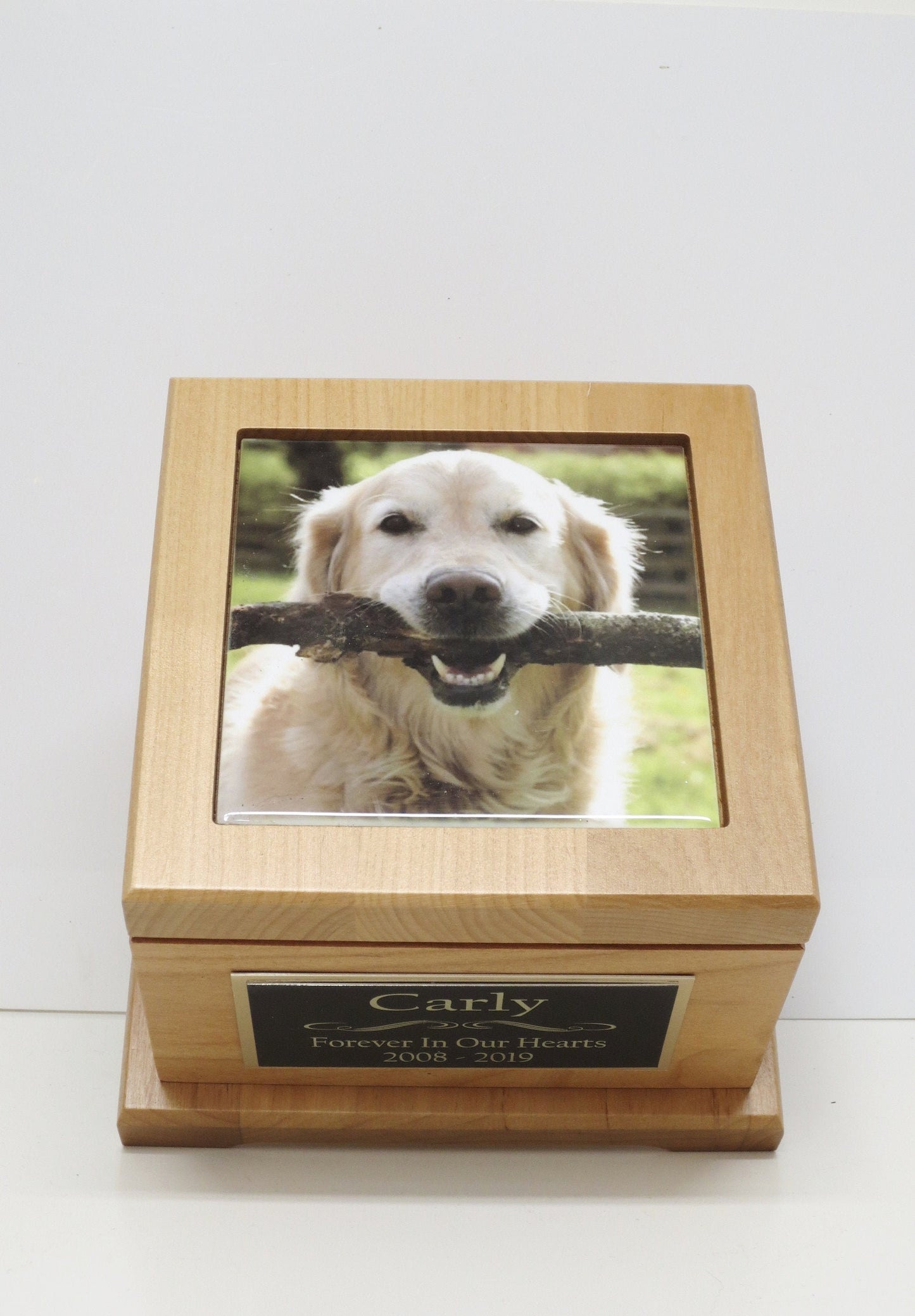 Dog Urn Pet Urn Memorial Keepsake Medium Cremation Urn Custom Photo Tile & Personalized Engraved Tag Red Alder Medium to Large Dog UpTo 60lb