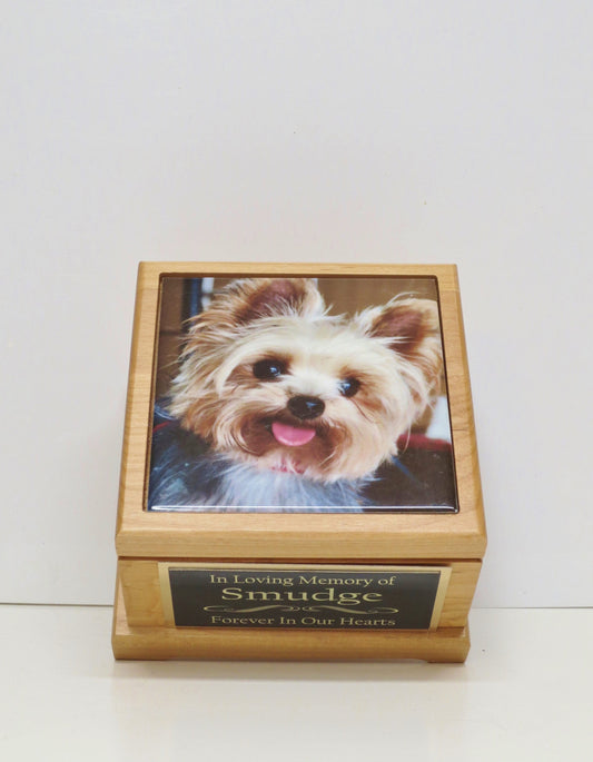 Pet Urn Dog Urn Pet Memorial Keepsake Cremation Custom Photo Tile & Personalized Engraved Tag Cat Urn Red Alder Wood Urn Small Dog UpTo 25lb