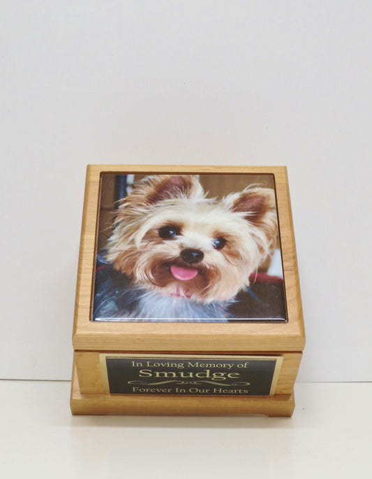 Pet Photo Urn Dog Urn Pet Memorial Keepsake Box Yorkie Cremation Urn Custom Picture Tile & Tag Small Dog / Animal Cat Urn Up To 25lbs