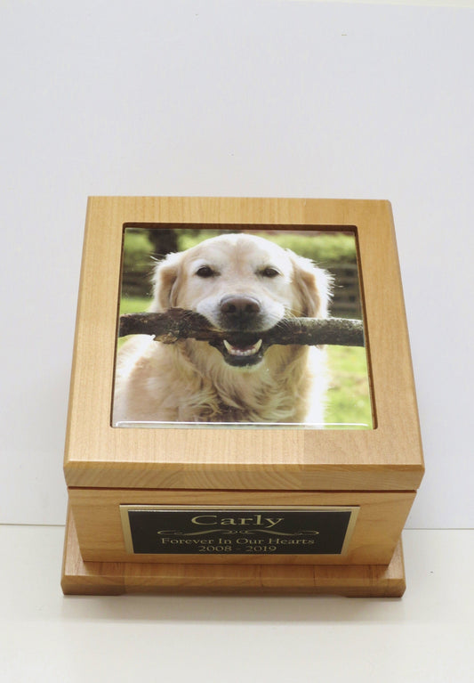 Dog Urn Pet Urn Pet Memorial Keepsake Cremation Urn Custom Photo Tile & Personalized Brass Tag Red Alder Wood Medium Dog Urn UpTo 60lb
