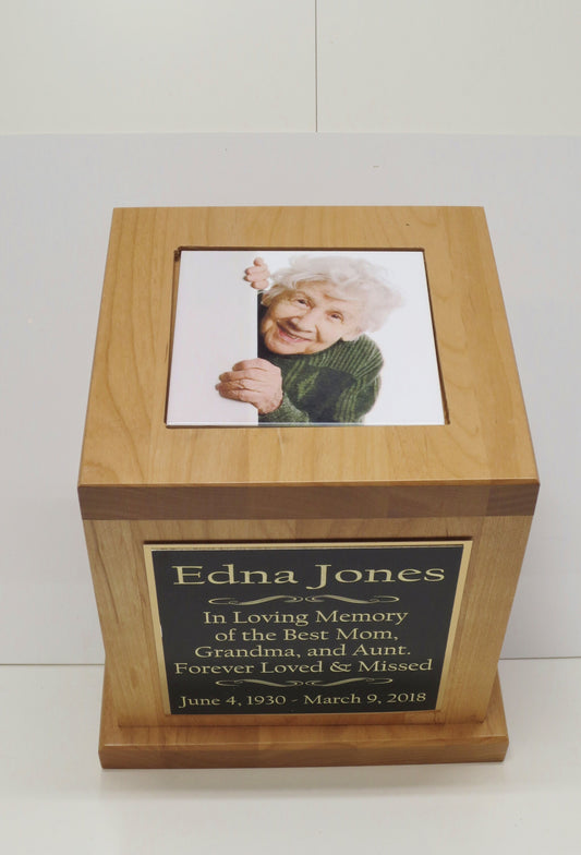 Cremation Urn Funeral Memorial Human Custom Tile Photo & Personalized Engraved Brass Tag Memorial Keepsake Red Alder Human Holds Upto 150 lb