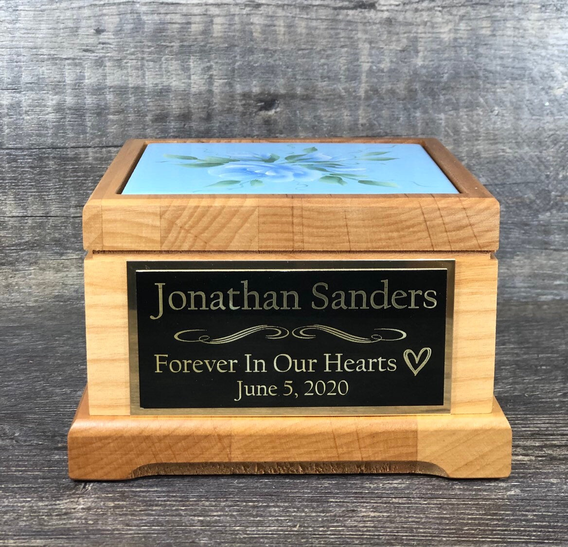Baby Urn Hand Painted Blue Roses Boy Infant Child Urn For Ashes Baby Cremation Memorial Keepsake Human Personalized Engraved Tag Red Alder