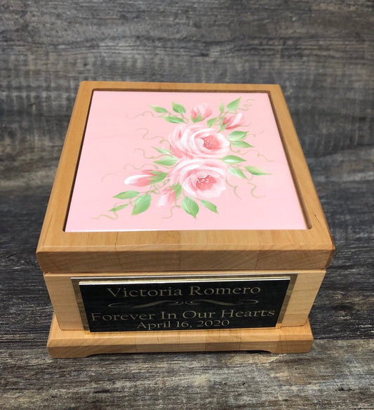 Miscarriage Cremation Urn Baby Memorial Keepsake Baby Girl Pink Urn For Ashes Infant Urn Hand Painted Roses Personalized Tag Memorial Gift