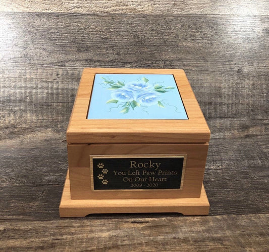 Dog Urn Pet Urn Pet Memorial Keepsake Cremation Urn Hand Painted Roses Tile & Personalized Tag Red Alder Wood Medium Dog Urn UpTo 60lb