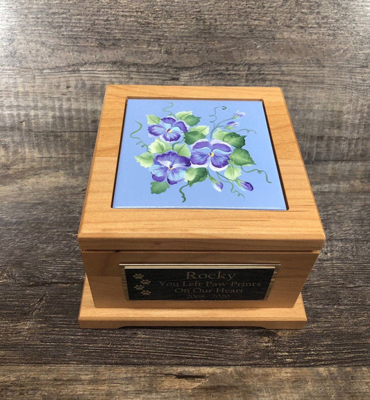 Dog Urn Pet Urn Pet Memorial Keepsake Cremation Urn Hand Painted Pansies Tile & Personalized Tag Red Alder Wood Medium Dog Urn UpTo 60lb