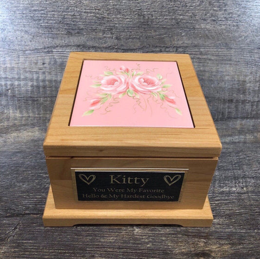 Dog Urn Pet Urn Pet Memorial Keepsake Cremation Urn Hand Painted Roses Tile & Personalized Tag Red Alder Wood Medium Dog Urn UpTo 60lb