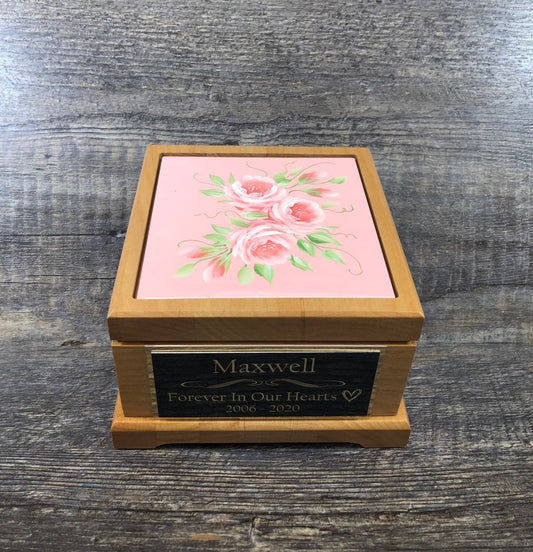 Small Dog Urn Pet Urn Pet Memorial Keepsake Box Cremation Urn Hand Painted Roses Tile & Tag Red Alder Small Dog / Animal Cat Urn Up To 25lbs