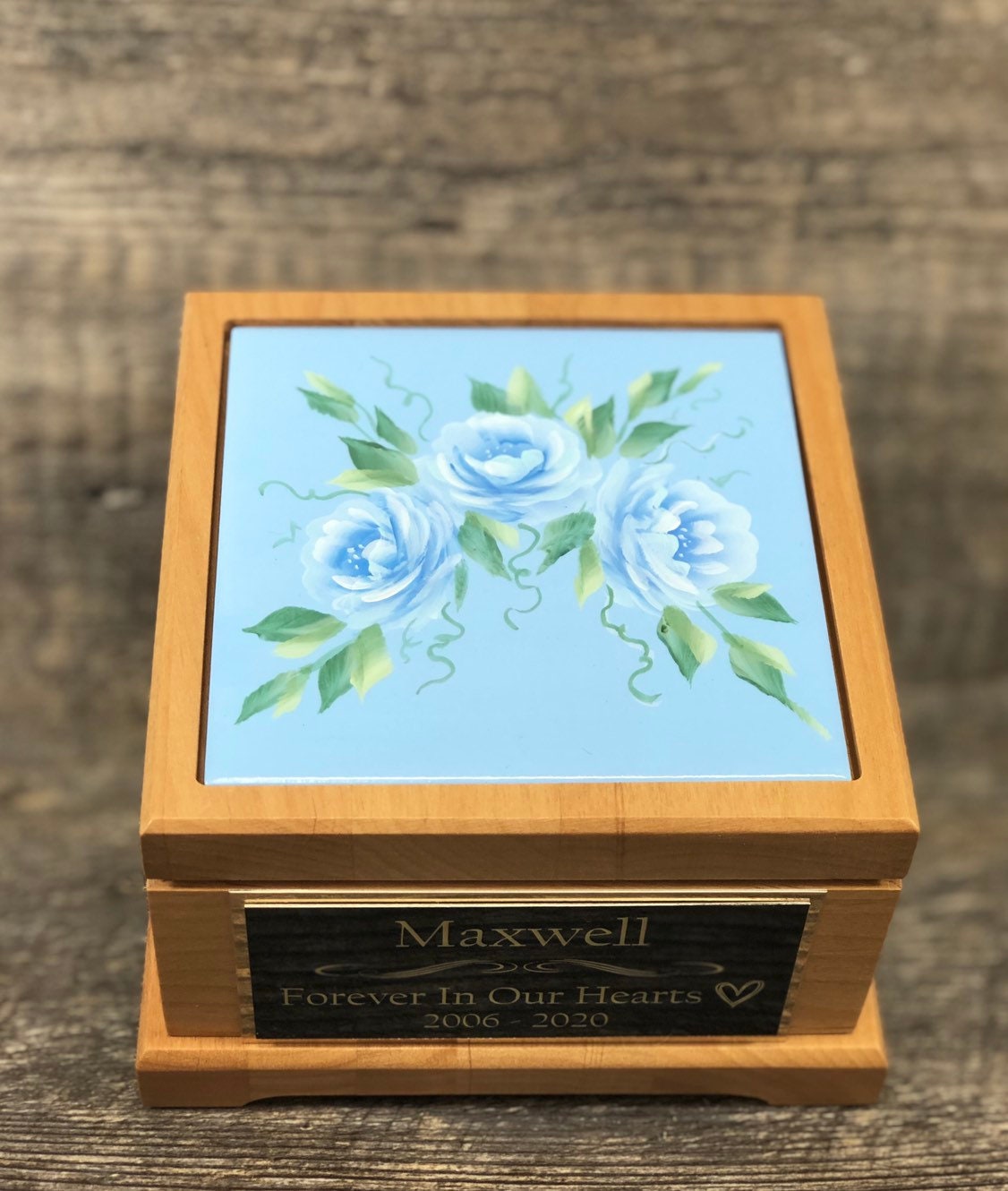 Dog Urn Small Pet Urn Pet Memorial Keepsake Box Cremation Urn Hand Painted Roses Tile & Tag Red Alder Small Dog / Animal Cat Urn Up To 25lbs