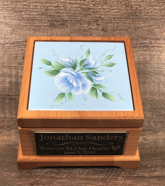 Baby Urn Hand Painted Blue Roses Boy Infant Child Urn For Ashes Baby Cremation Memorial Keepsake Human Personalized Engraved Tag Red Alder