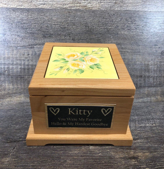 Dog Urn Pet Urn Pet Memorial Keepsake Cremation Urn Hand Painted Roses Tile & Personalized Tag Red Alder Wood Medium Dog Urn UpTo 60lb