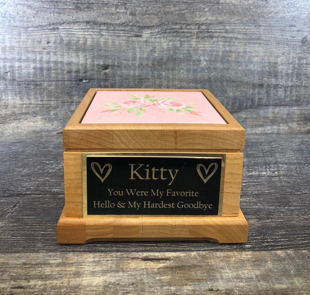 Cat Urn Pet Urn Pet Memorial Keepsake Box Cremation Urn Kitty or Small Animal Hand Painted Roses & Personalized Tag Dog Urn Red Alder