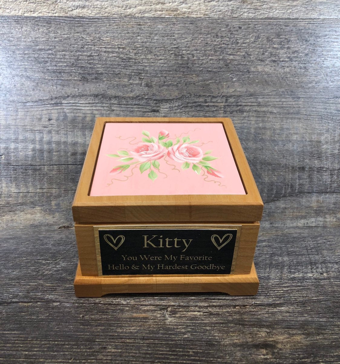 Cat Urn Pet Urn Pet Memorial Keepsake Box Cremation Urn Kitty or Small Animal Hand Painted Roses & Personalized Tag Dog Urn Red Alder