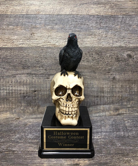 Raven Halloween Trophy Costume Contest Winner Red Eyed Raven Crow on Skull Scariest Costume Trophy Pumpkin Carving Contest Halloween Decor