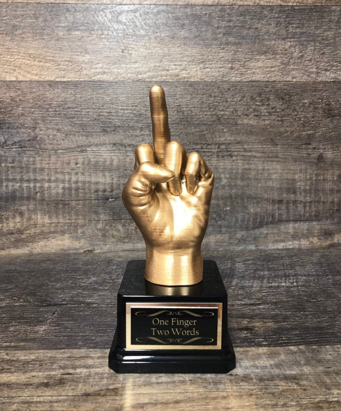 Funny Trophy Middle Finger Fantasy Football League FFL Worst Stats Trophy Flipping You The Bird F*ck You Trophy One Finger Two Words Award