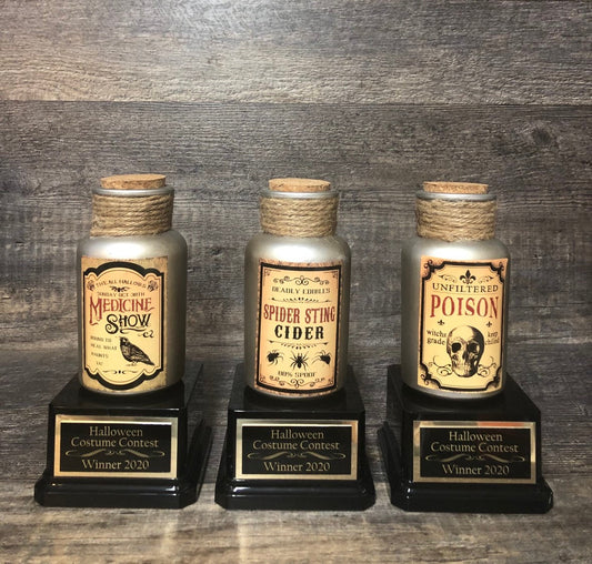 3 Halloween Trophies Poison Bottle Potion Spider Pumpkin Carving Contest Best Costume Contest Trunk or Treat Vintage Halloween Decor