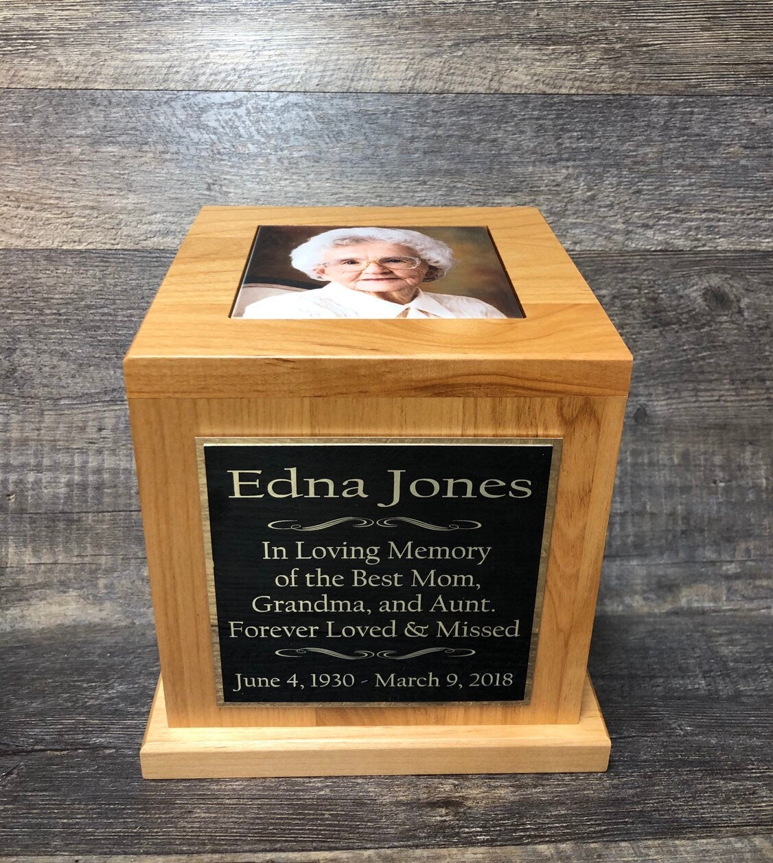 Cremation Urn Funeral Memorial Human Custom Tile Photo & Personalized Engraved Tag Memorial Keepsake Red Alder Human Holds Upto 150 lb