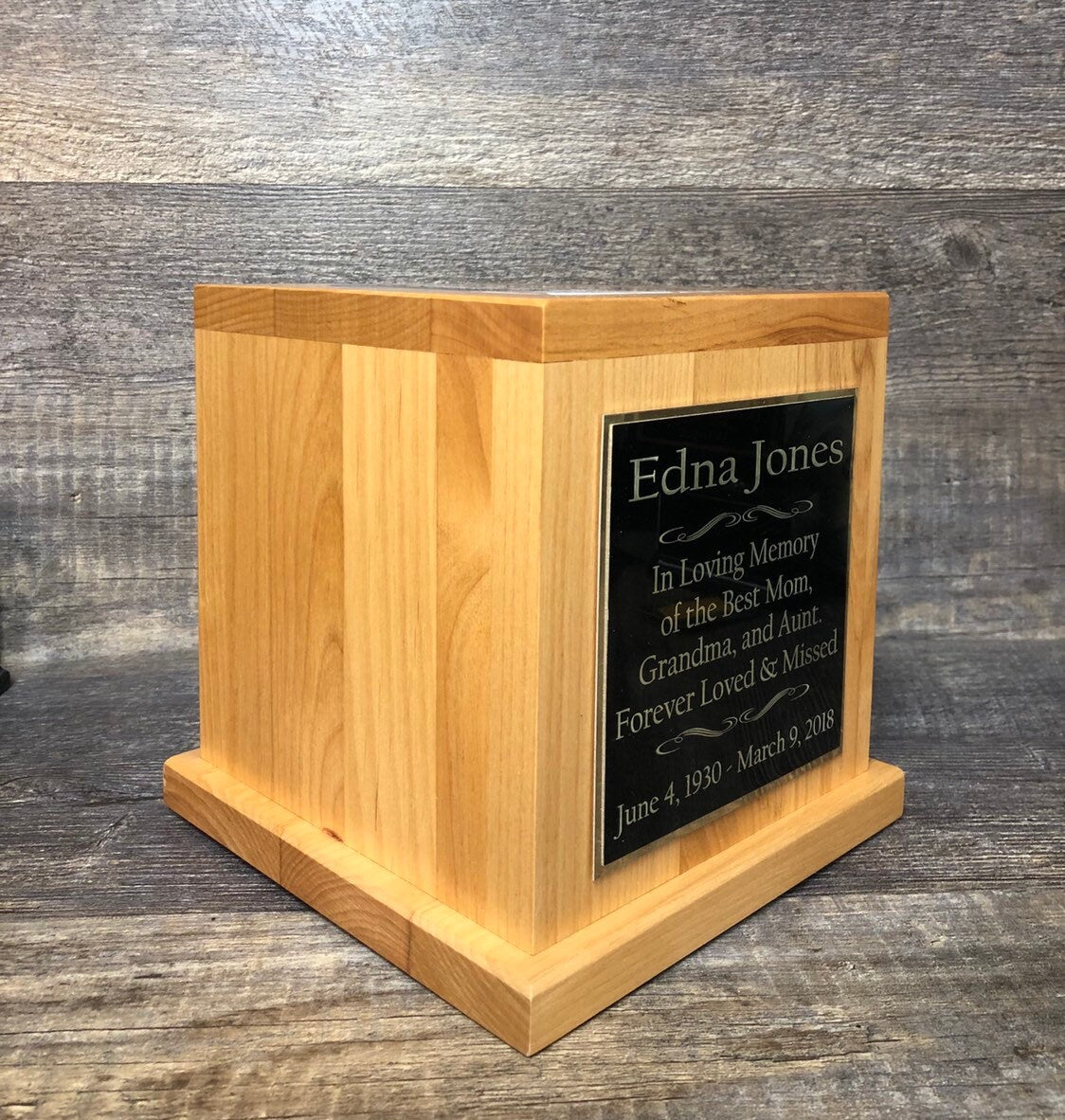 Cremation Urn Funeral Memorial Human Custom Tile Photo & Personalized Engraved Tag Memorial Keepsake Red Alder Human Holds Upto 150 lb