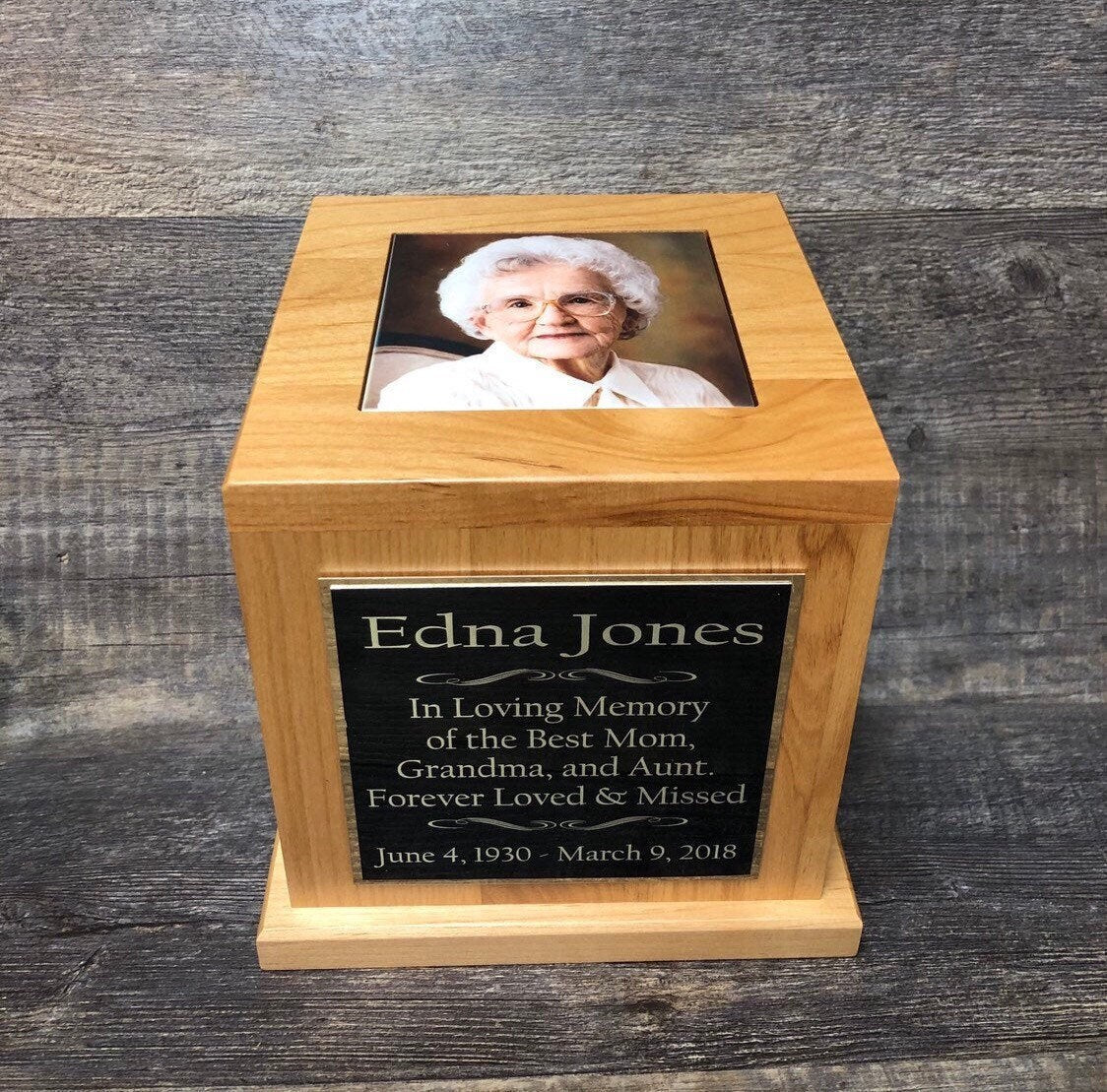 Cremation Urn Funeral Memorial Human Custom Tile Photo & Personalized Engraved Tag Memorial Keepsake Red Alder Human Holds Upto 150 lb