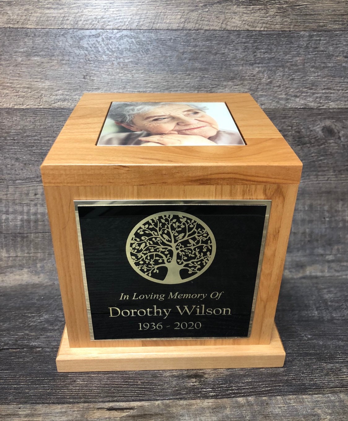 Cremation Urn Tree Of Life Funeral Memorial Human Urn Custom Tile Photo & Personalized Engraved Tag Memorial Keepsake Red Alder Upto 150 lb