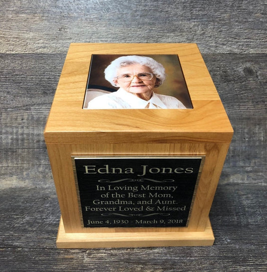 Cremation Urn Funeral Memorial Human Custom Tile Photo & Personalized Engraved Tag Memorial Keepsake Red Alder Human Holds Upto 150 lb