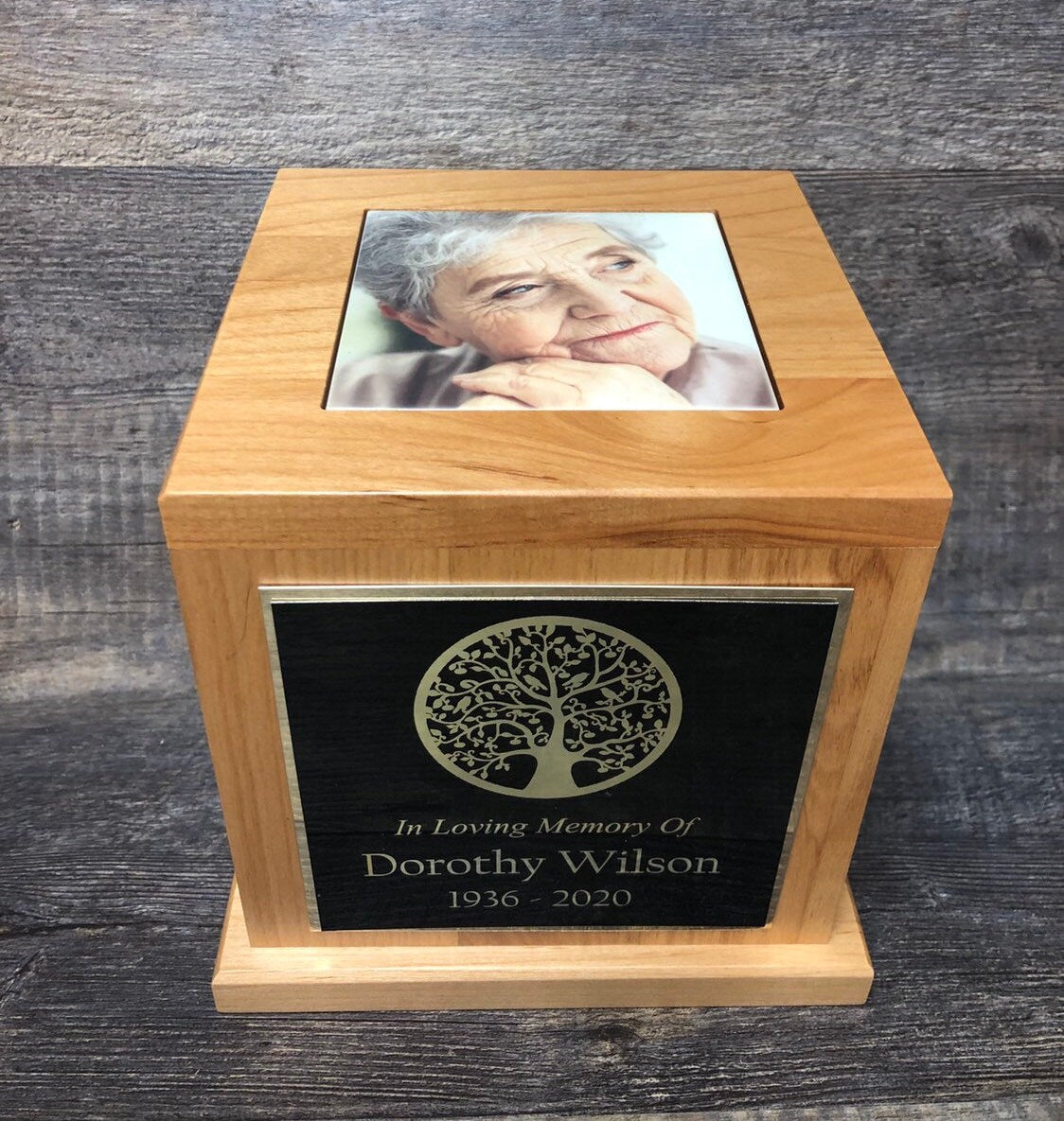 Cremation Urn Tree Of Life Funeral Memorial Human Urn Custom Tile Photo & Personalized Engraved Tag Memorial Keepsake Red Alder Upto 150 lb