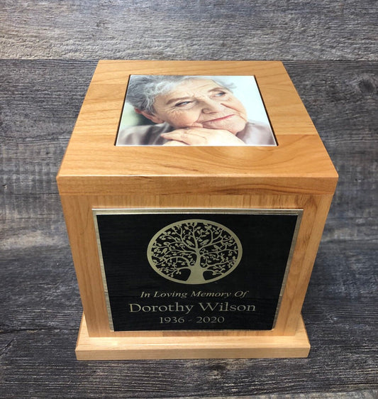 Cremation Urn Tree Of Life Funeral Memorial Human Urn Custom Tile Photo & Personalized Engraved Tag Memorial Keepsake Red Alder Upto 150 lb