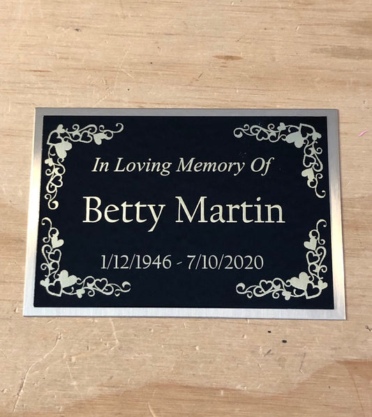 Custom Engraved Name Plate Cremation Urn HEART BOARDER Memorial Urn Tag Plaque In Loving Memory of Black/Gold Back Engraved Urn Name Plate