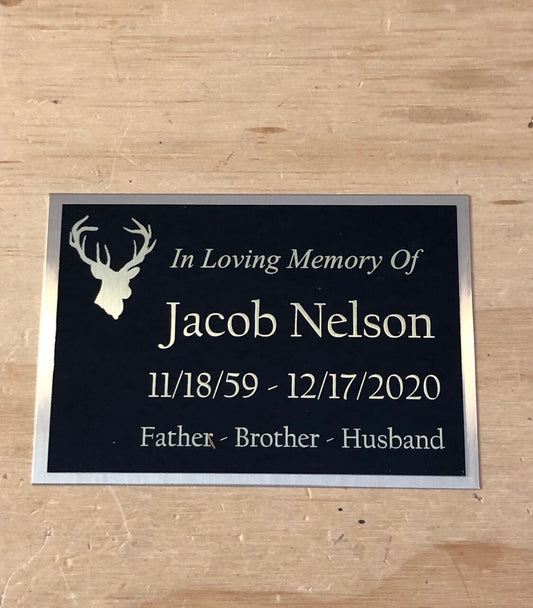 Custom Engraved Name Plate Cremation Urn DEER HUNTING Memorial Urn Tag Plaque In Loving Memory of Black/Gold Back Engraved Urn Name Plate